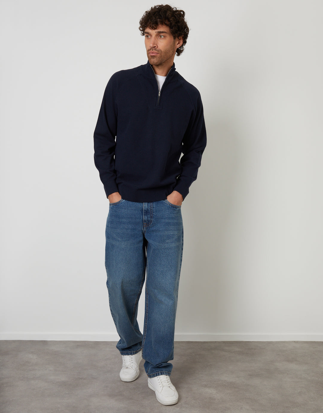 Navy Mock Tee Textured Knit Quarter Zip Jumper