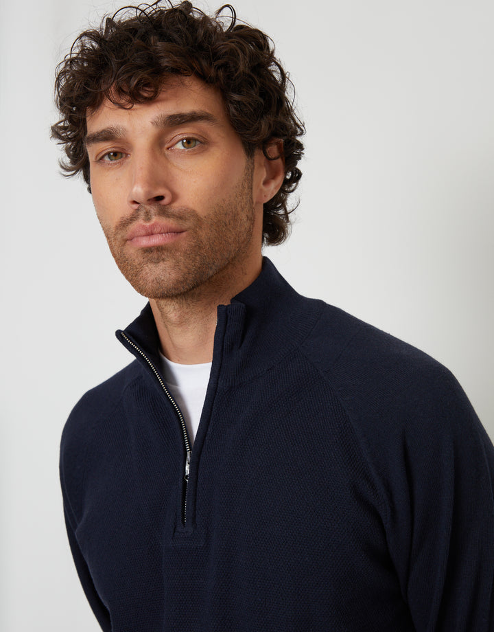 Navy Mock Tee Textured Knit Quarter Zip Jumper