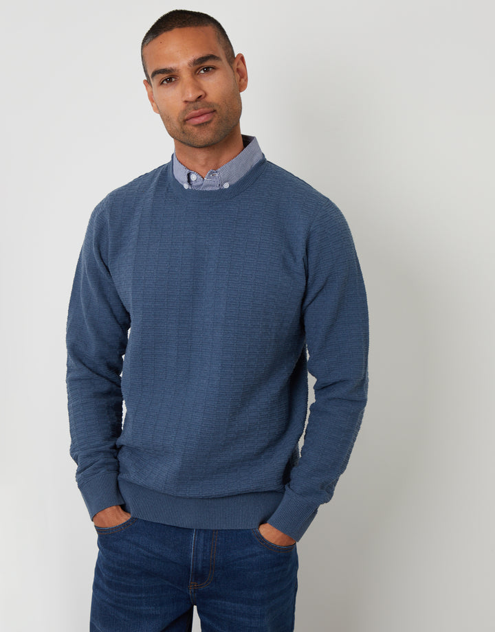 Denim Blue Mock Shirt Textured Knitted Jumper