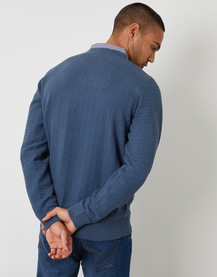 Denim Blue Mock Shirt Textured Knitted Jumper