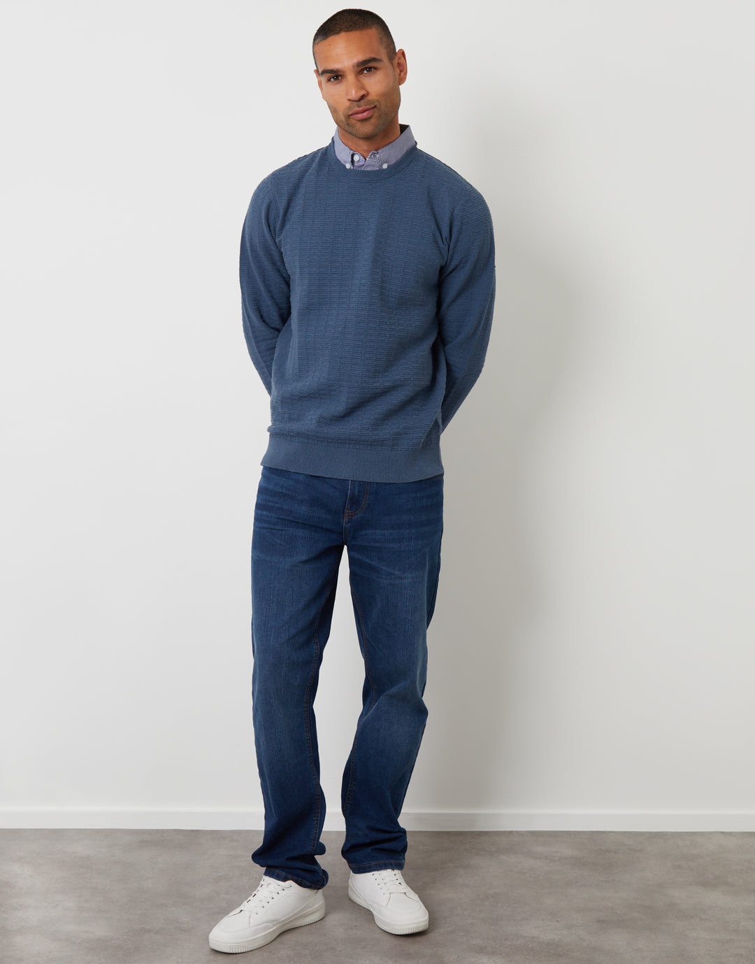 Denim Blue Mock Shirt Textured Knitted Jumper