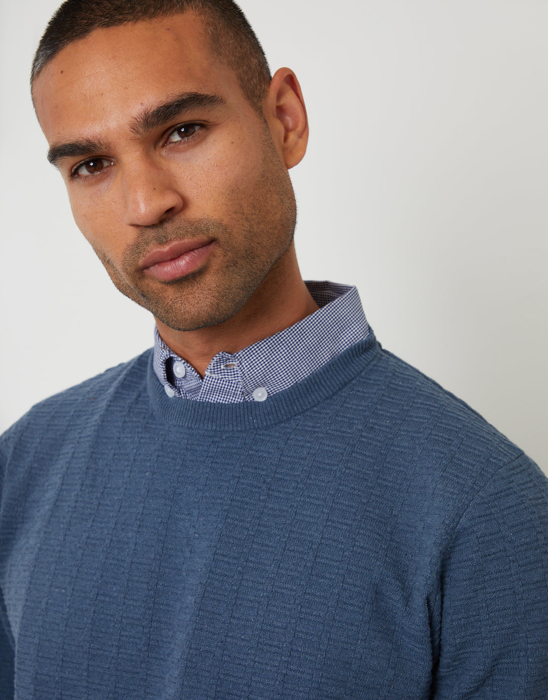 Denim Blue Mock Shirt Textured Knitted Jumper