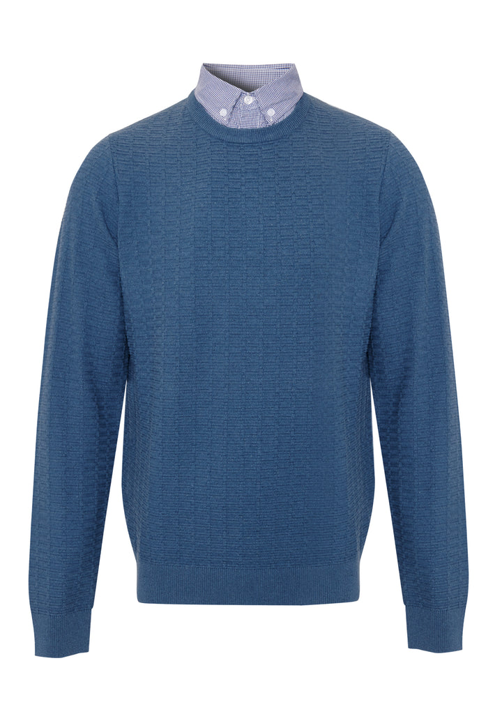 Denim Blue Mock Shirt Textured Knitted Jumper
