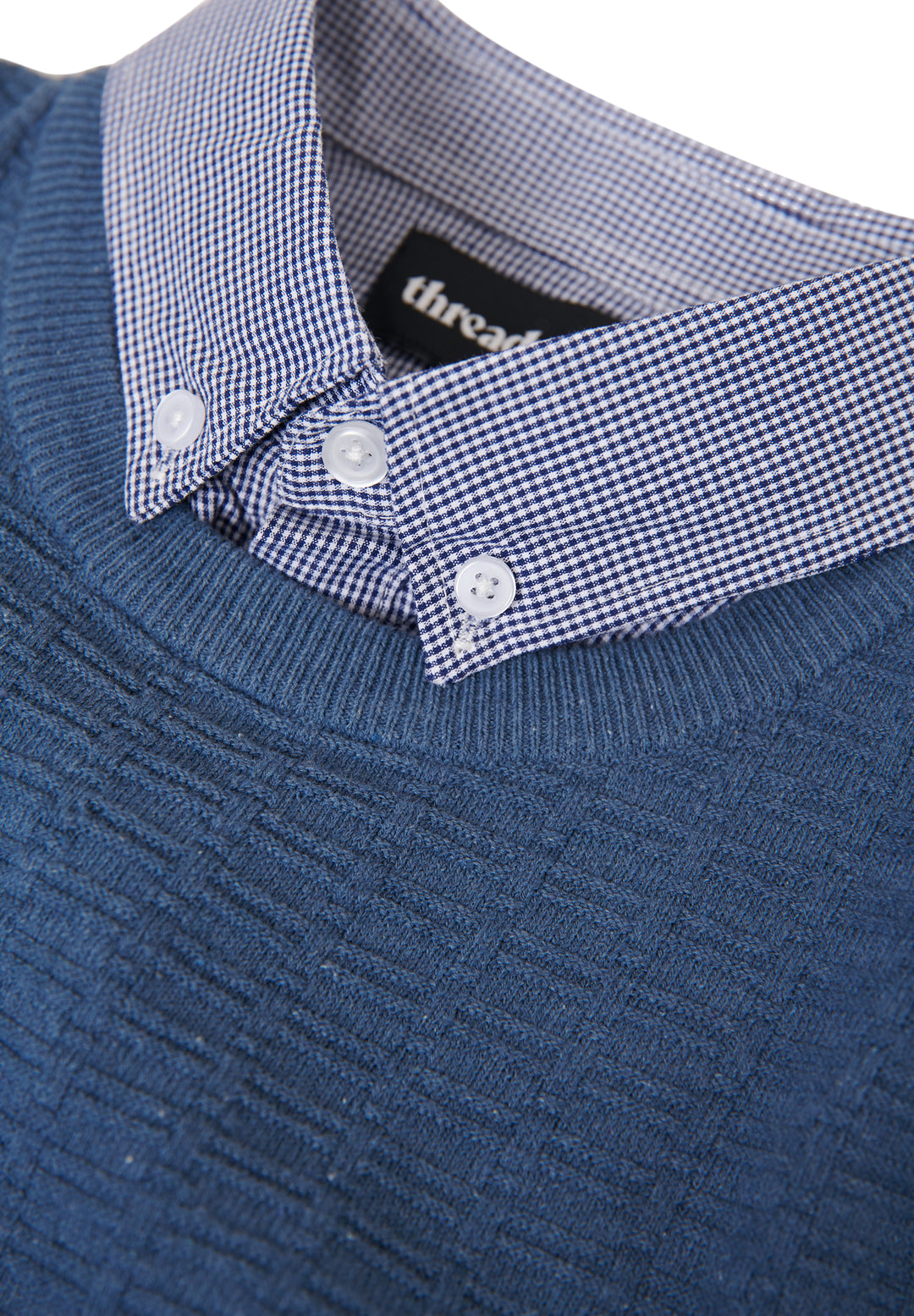 Denim Blue Mock Shirt Textured Knitted Jumper