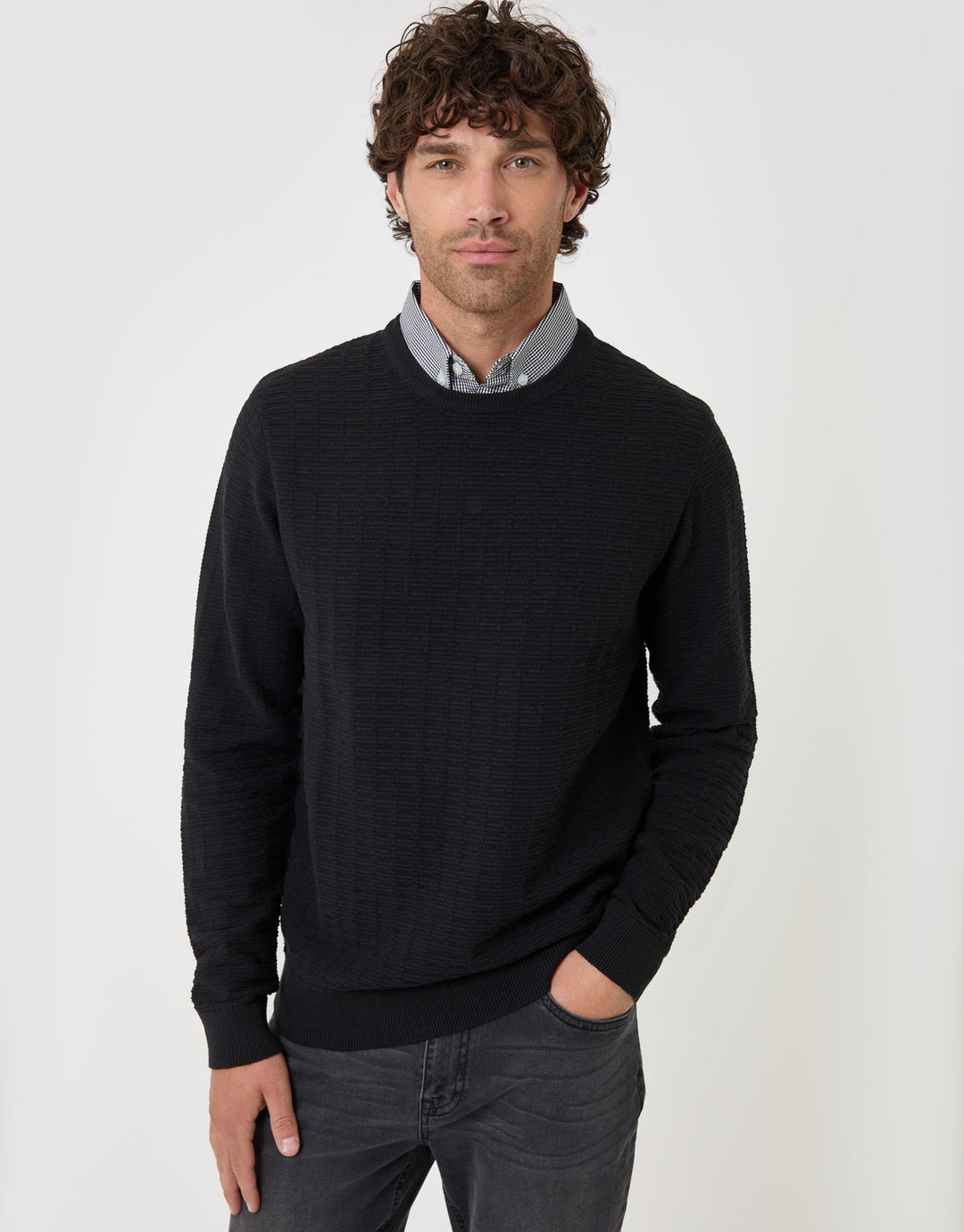 Threadbare Cotton Rich Mock Shirt Crew Neck Jumper in Black - front view