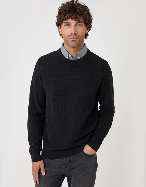 Threadbare Cotton Rich Mock Shirt Crew Neck Jumper in Black - front view