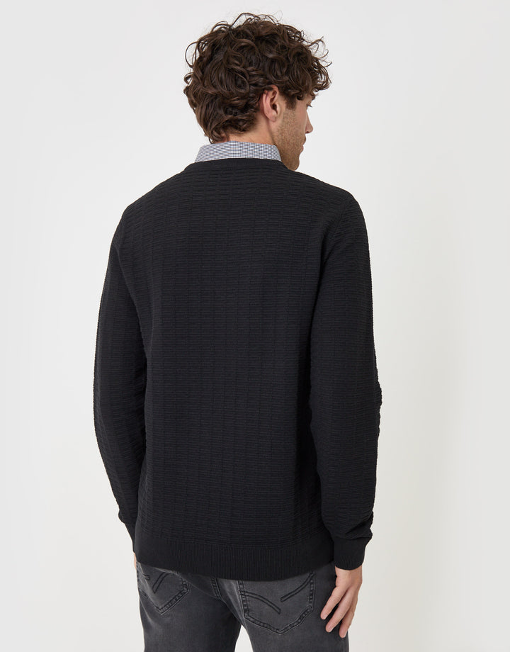 Threadbare Cotton Rich Mock Shirt Crew Neck Jumper in Black - back view