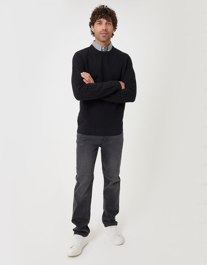 Threadbare Cotton Rich Mock Shirt Crew Neck Jumper in Black - full body