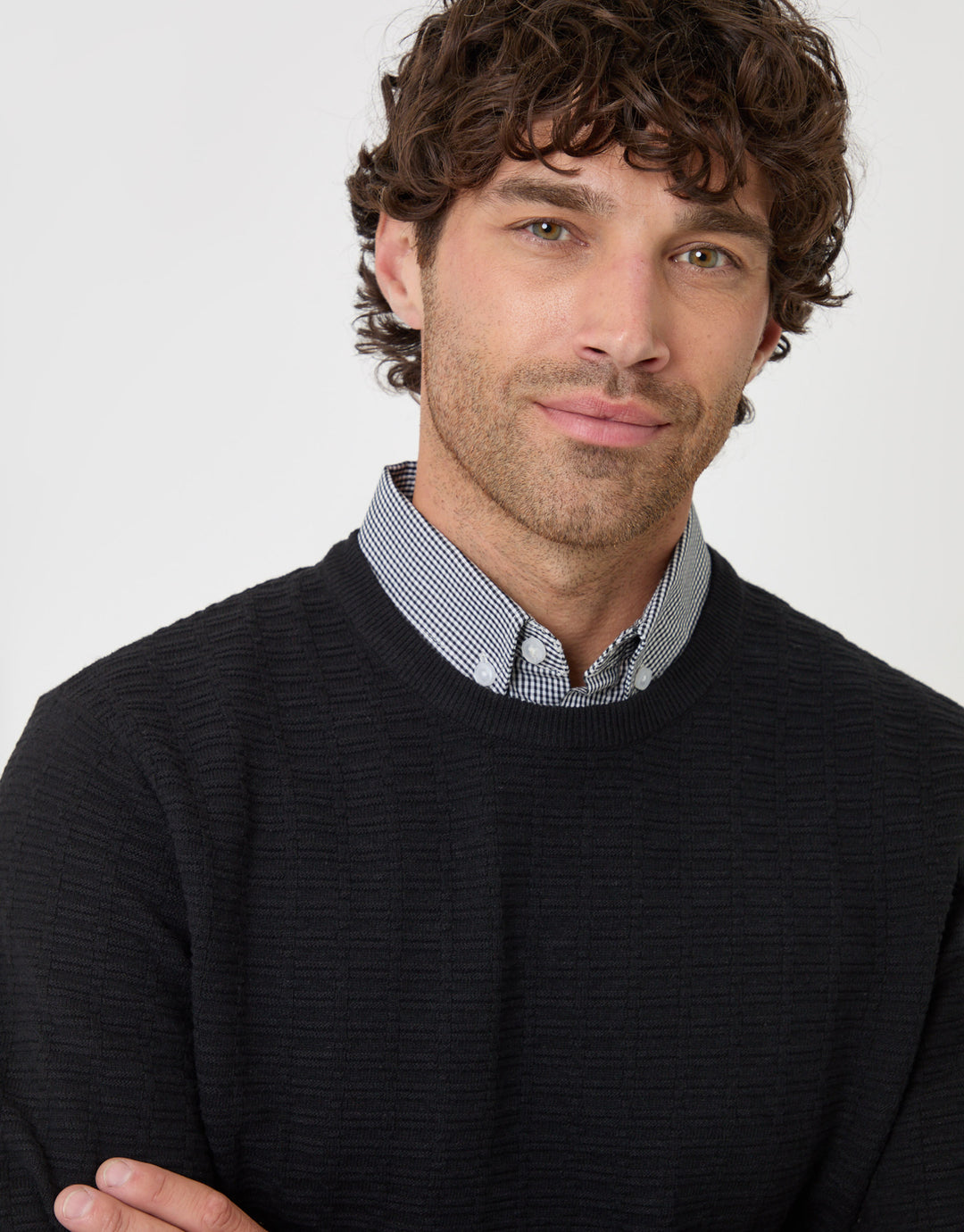 Threadbare Cotton Rich Mock Shirt Crew Neck Jumper in Black - close up