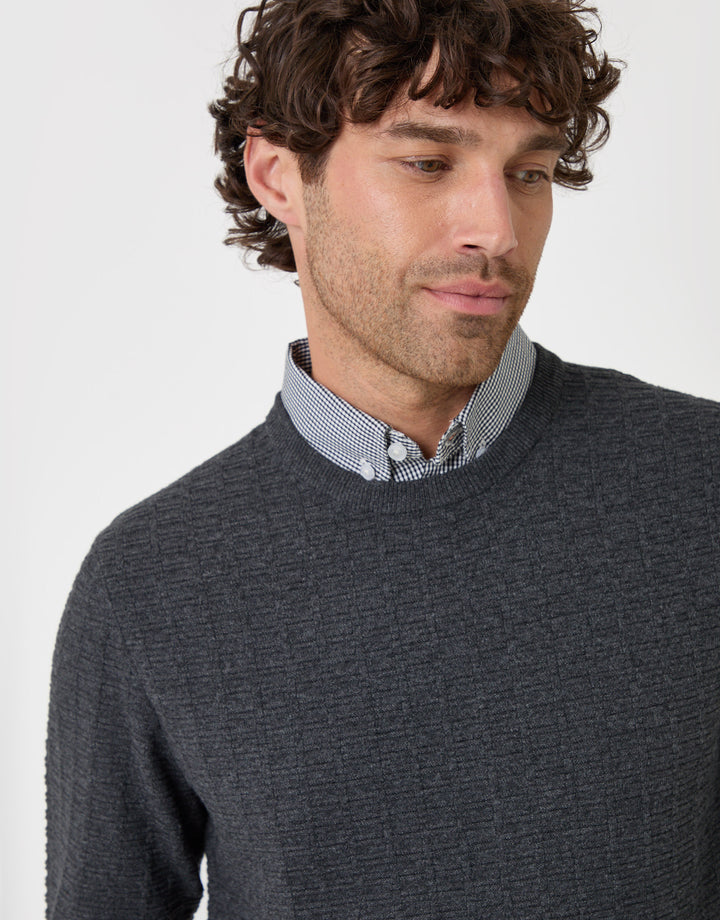 Threadbare Cotton Rich Mock Shirt Crew Neck Jumper in Charcoal - close up