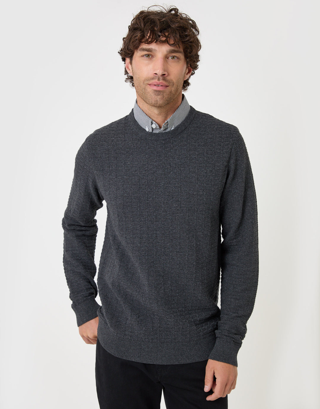 Threadbare Cotton Rich Mock Shirt Crew Neck Jumper in Charcoal - front view
