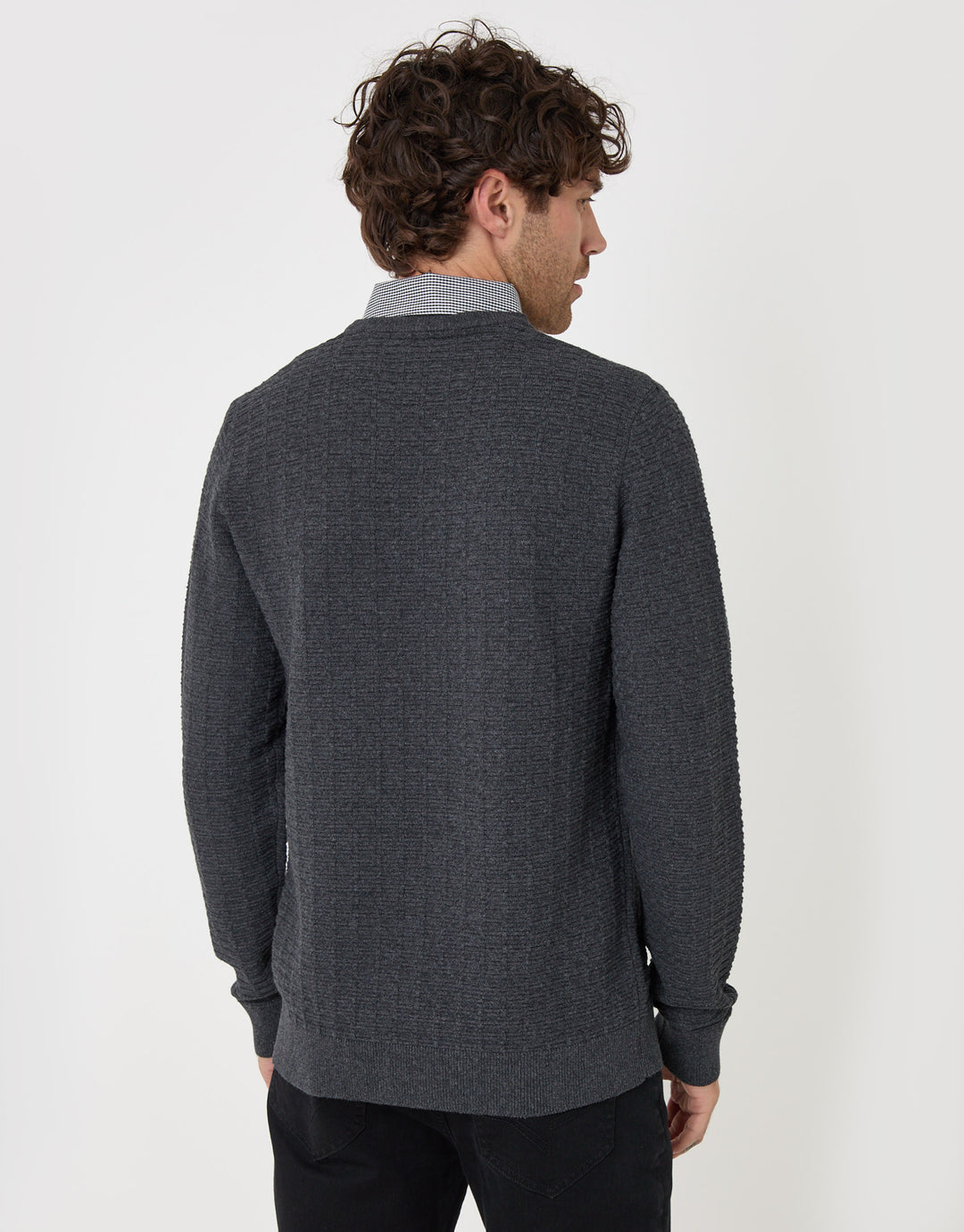 Threadbare Cotton Rich Mock Shirt Crew Neck Jumper in Charcoal - back view