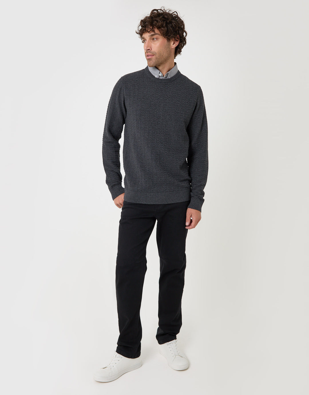Threadbare Cotton Rich Mock Shirt Crew Neck Jumper in Charcoal - full body