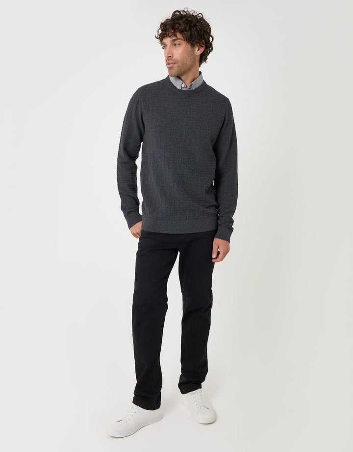 Threadbare Cotton Rich Mock Shirt Crew Neck Jumper in Charcoal - full body