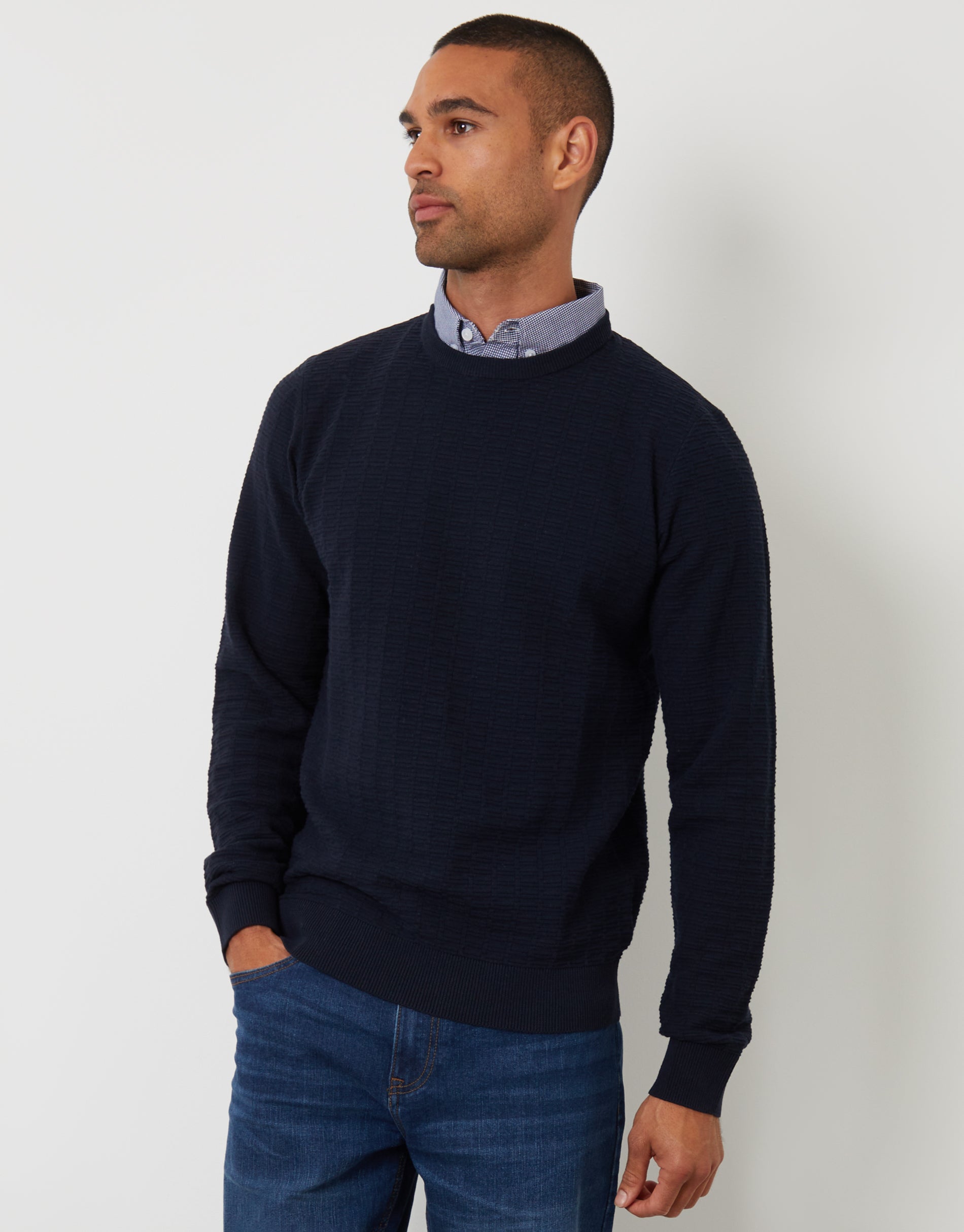 Threadbare Men's Navy Mock Shirt Textured Knitted Jumper