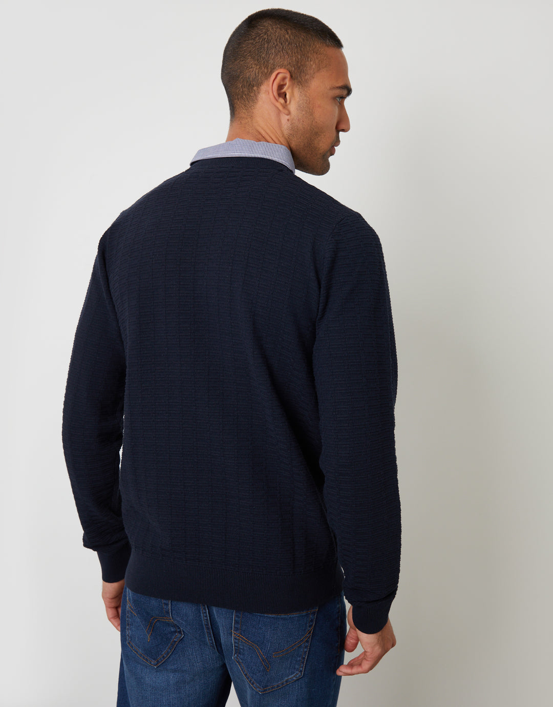 Navy Mock Shirt Textured Knitted Jumper