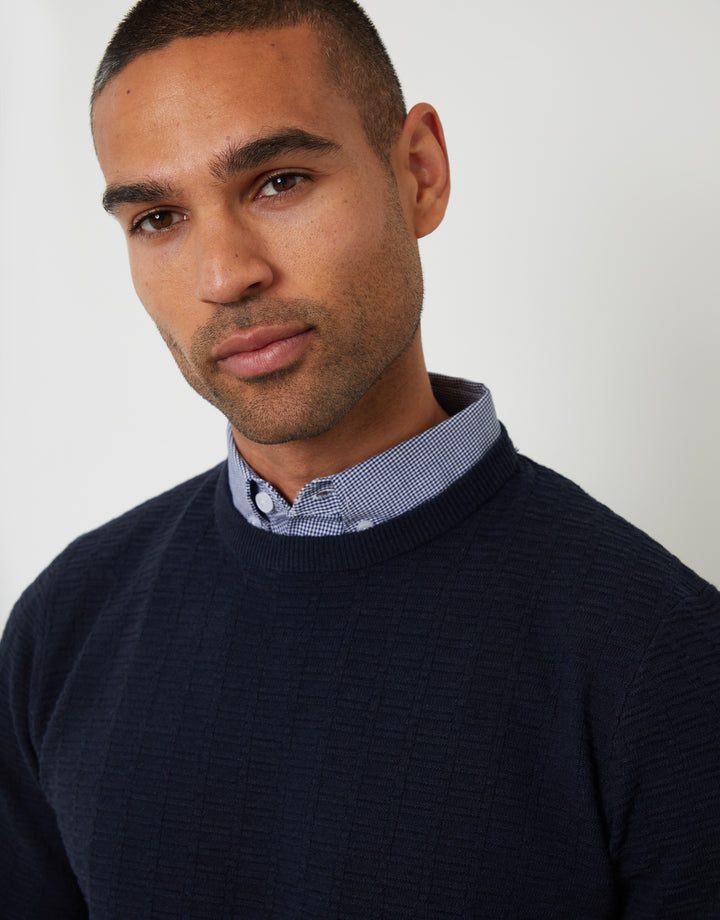 Navy Mock Shirt Textured Knitted Jumper