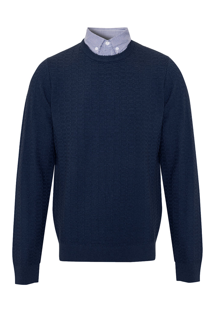 Navy Mock Shirt Textured Knitted Jumper