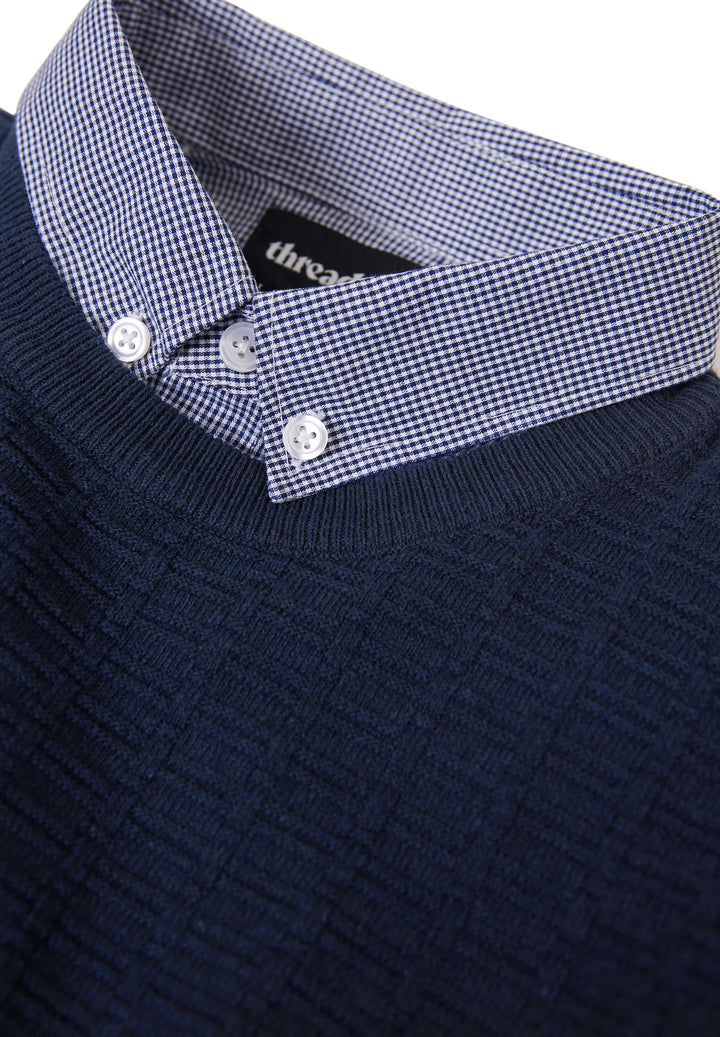 Navy Mock Shirt Textured Knitted Jumper