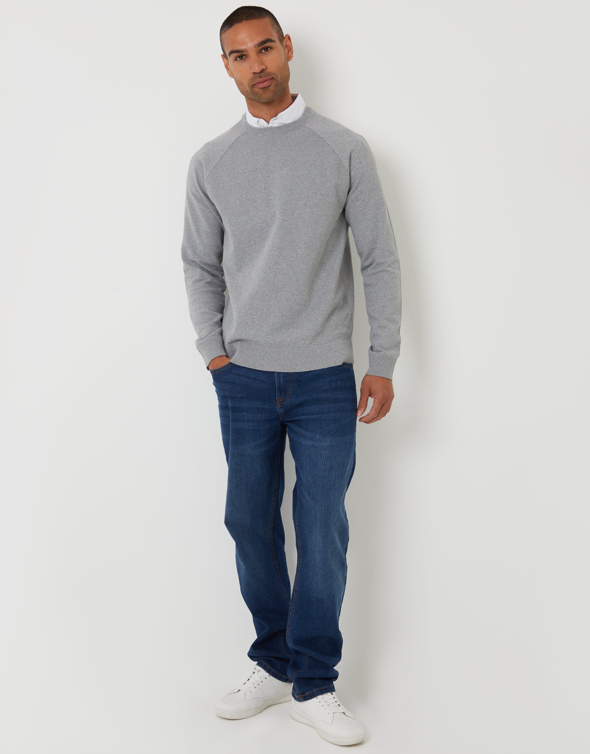 Threadbare Men's Mock Shirt Raglan Knitted Jumper in Grey