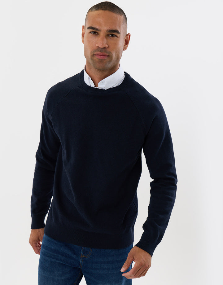 Threadbare Mock Shirt Raglan Knitted Jumper in Navy - front view