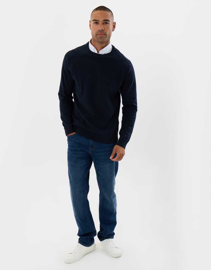 Threadbare Mock Shirt Raglan Knitted Jumper in Navy - full body