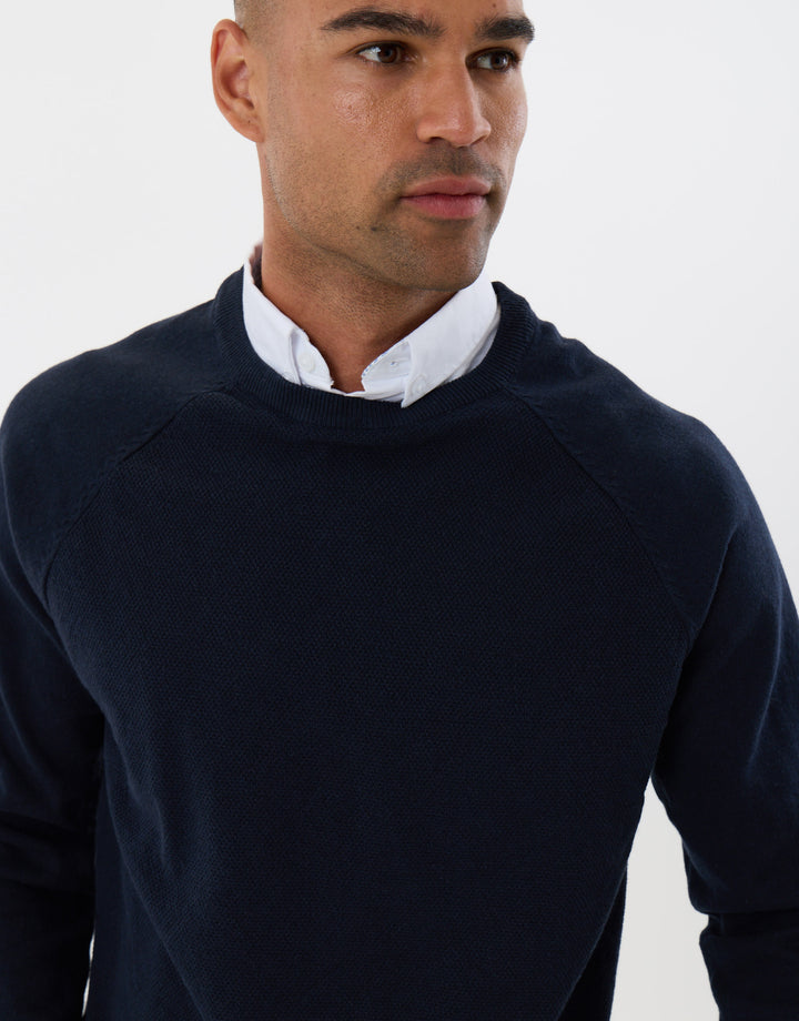 Threadbare Mock Shirt Raglan Knitted Jumper in Navy - detail