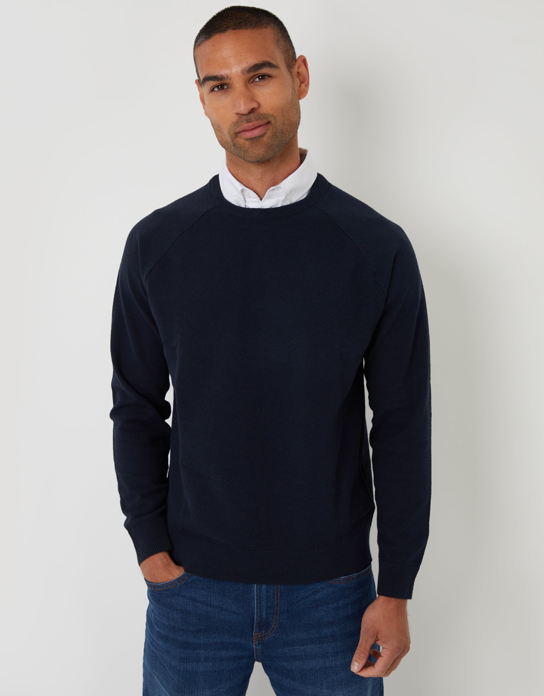 Mock Shirt Raglan Knitted Jumper in Navy