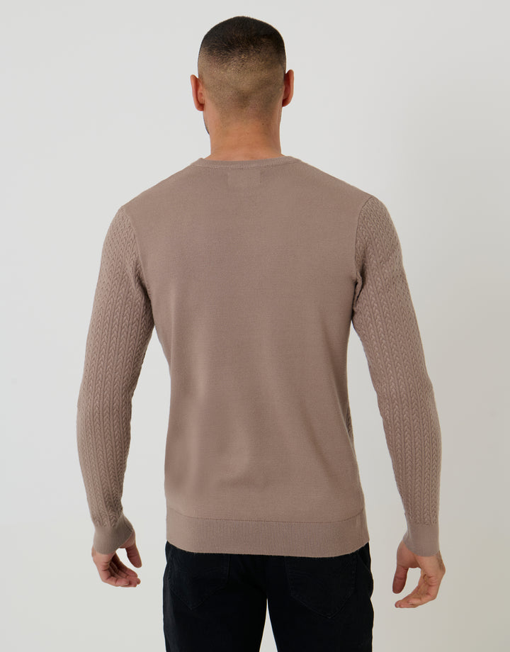 Threadbare Cable Knit Rib Crew Neck Jumper in Taupe - back view