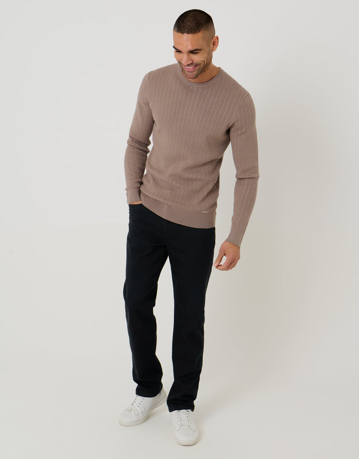 Threadbare Cable Knit Rib Crew Neck Jumper in Taupe - full body