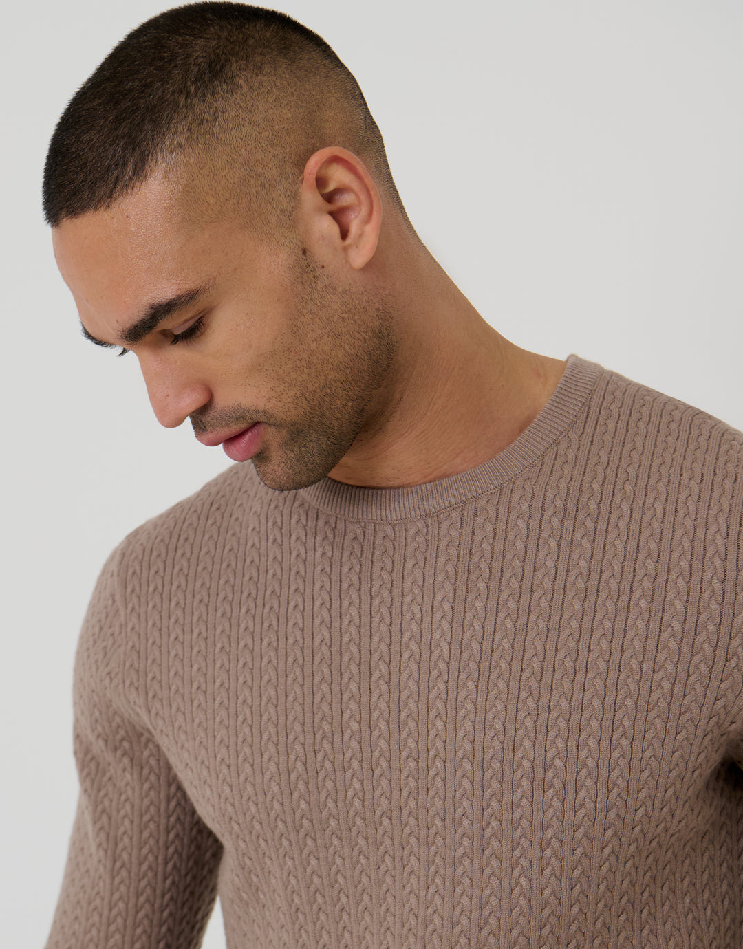 Threadbare Cable Knit Rib Crew Neck Jumper in Taupe - neckline close up
