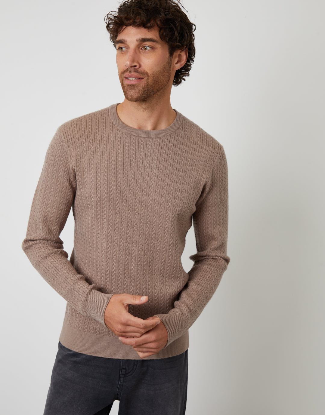 Taupe Cable Knit Rib Crew Neck Jumper