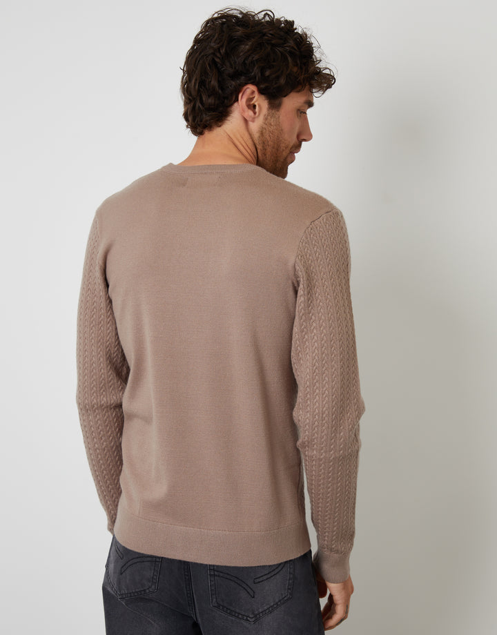 Taupe Cable Knit Rib Crew Neck Jumper