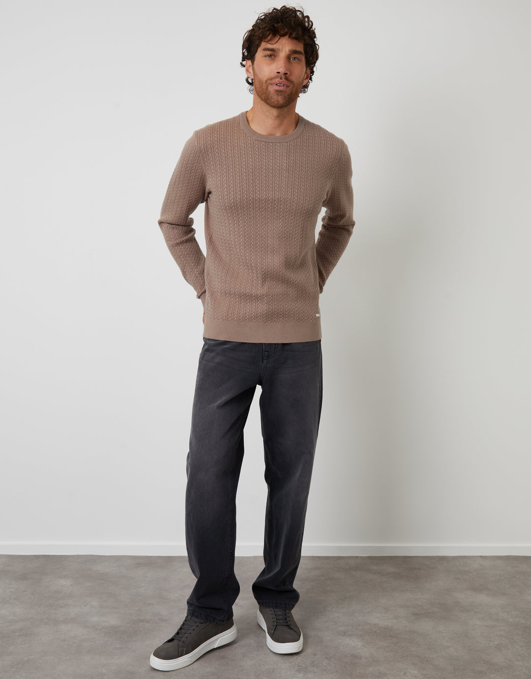 Taupe Cable Knit Rib Crew Neck Jumper