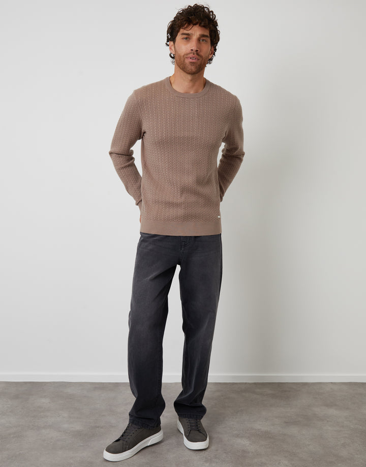 Taupe Cable Knit Rib Crew Neck Jumper