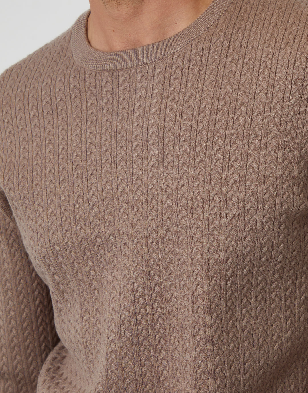Taupe Cable Knit Rib Crew Neck Jumper
