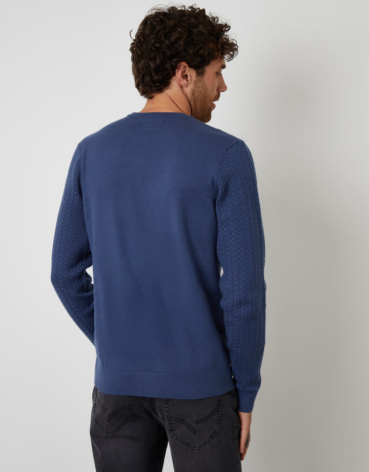Denim Blue Cable Knit Rib Crew Neck Jumper