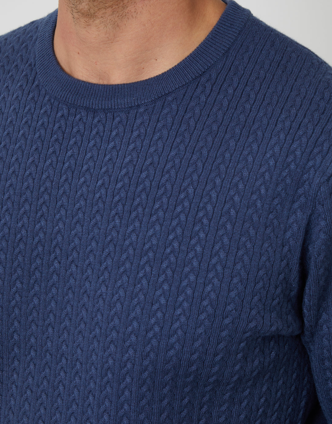 Denim Blue Cable Knit Rib Crew Neck Jumper
