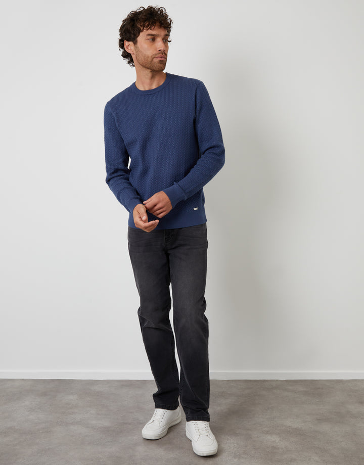 Denim Blue Cable Knit Rib Crew Neck Jumper