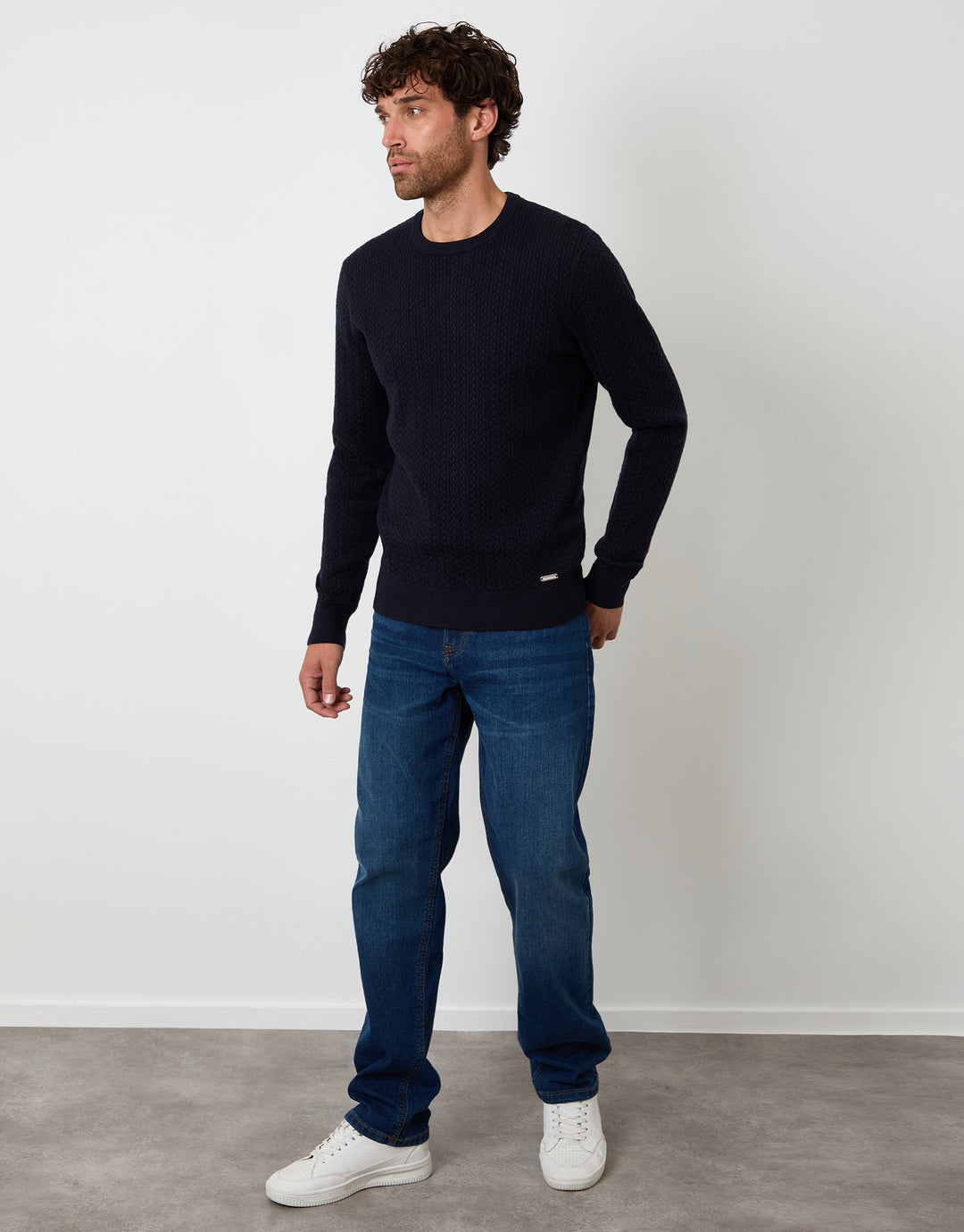 Navy Cable Knit Rib Crew Neck Jumper