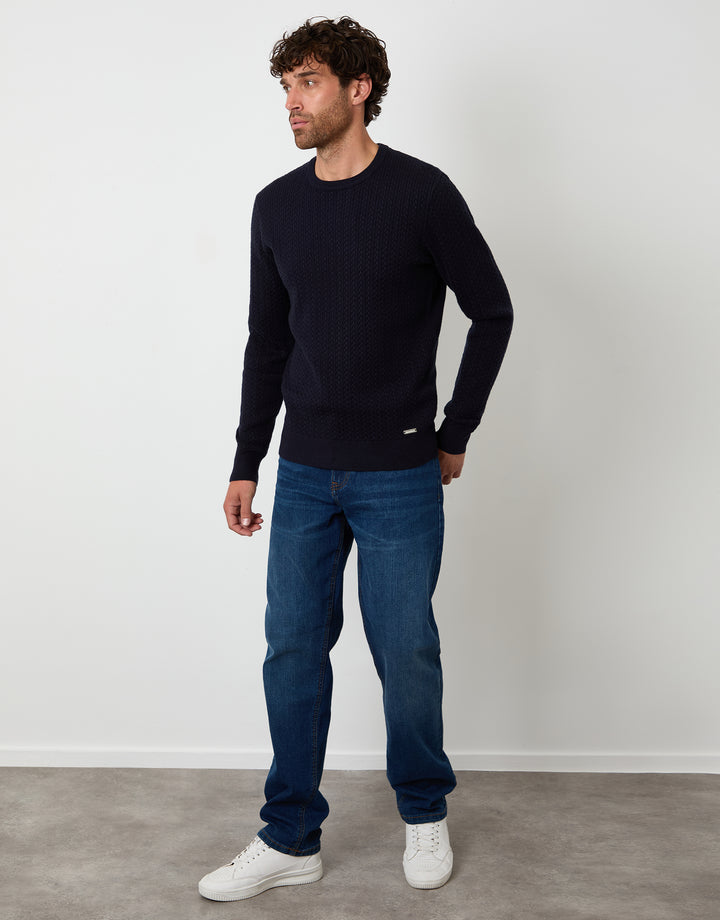 Navy Cable Knit Rib Crew Neck Jumper