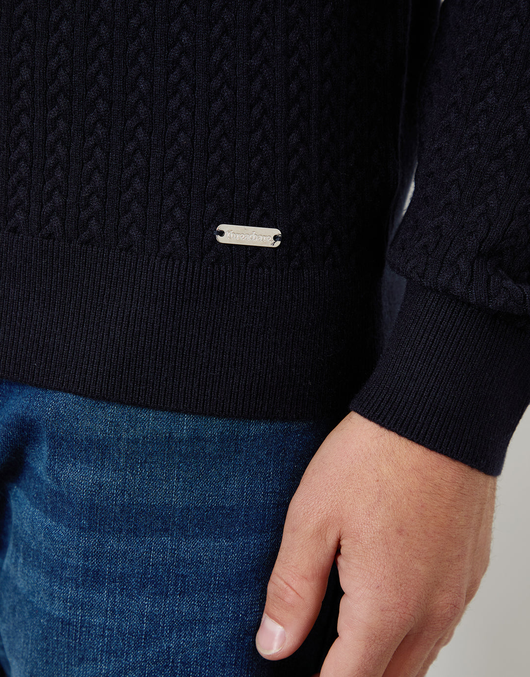 Navy Cable Knit Rib Crew Neck Jumper