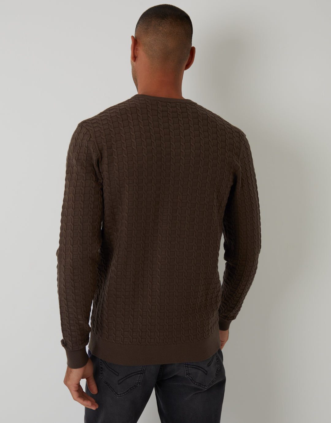 Brown Cable Knit Crew Neck Jumper