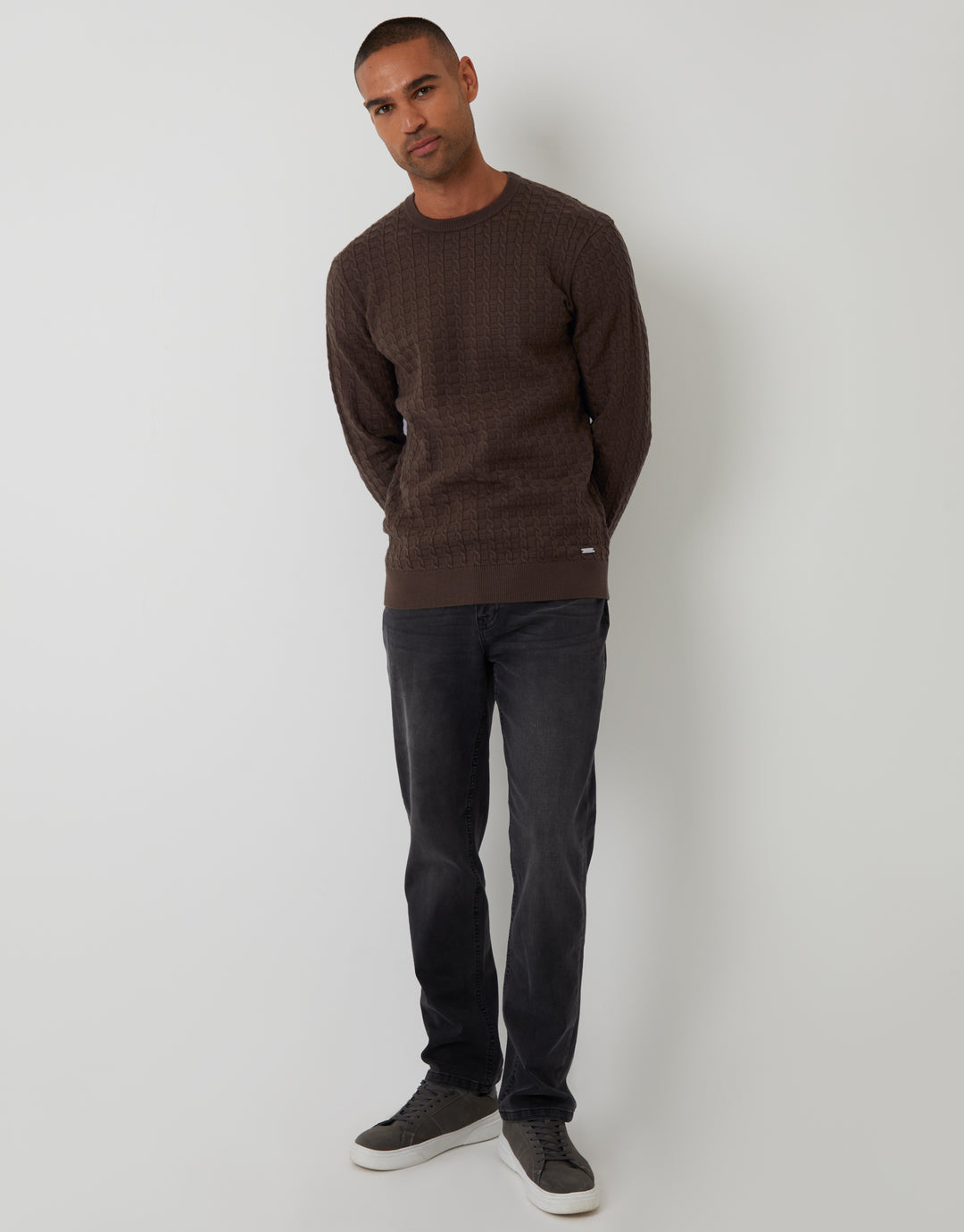 Brown Cable Knit Crew Neck Jumper