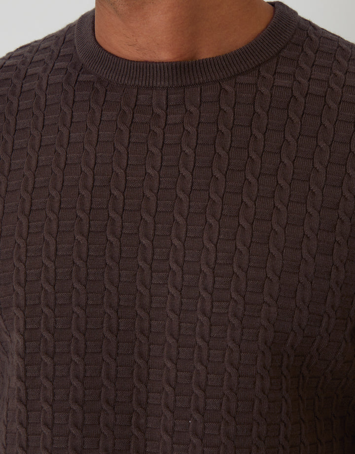 Brown Cable Knit Crew Neck Jumper
