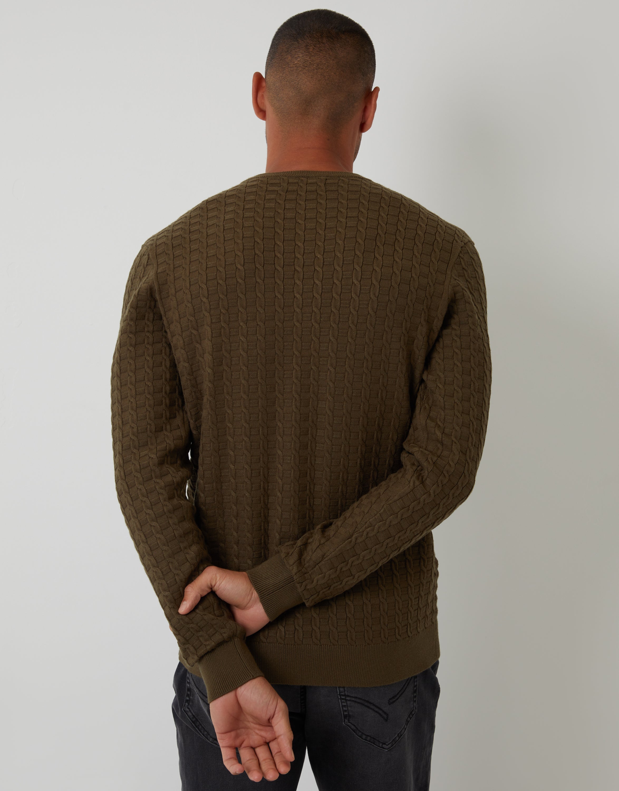 Threadbare Men's Khaki Green Cable Knit Crew Neck Jumper