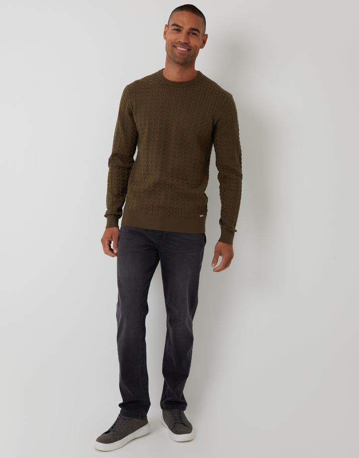 Khaki Green Cable Knit Crew Neck Jumper
