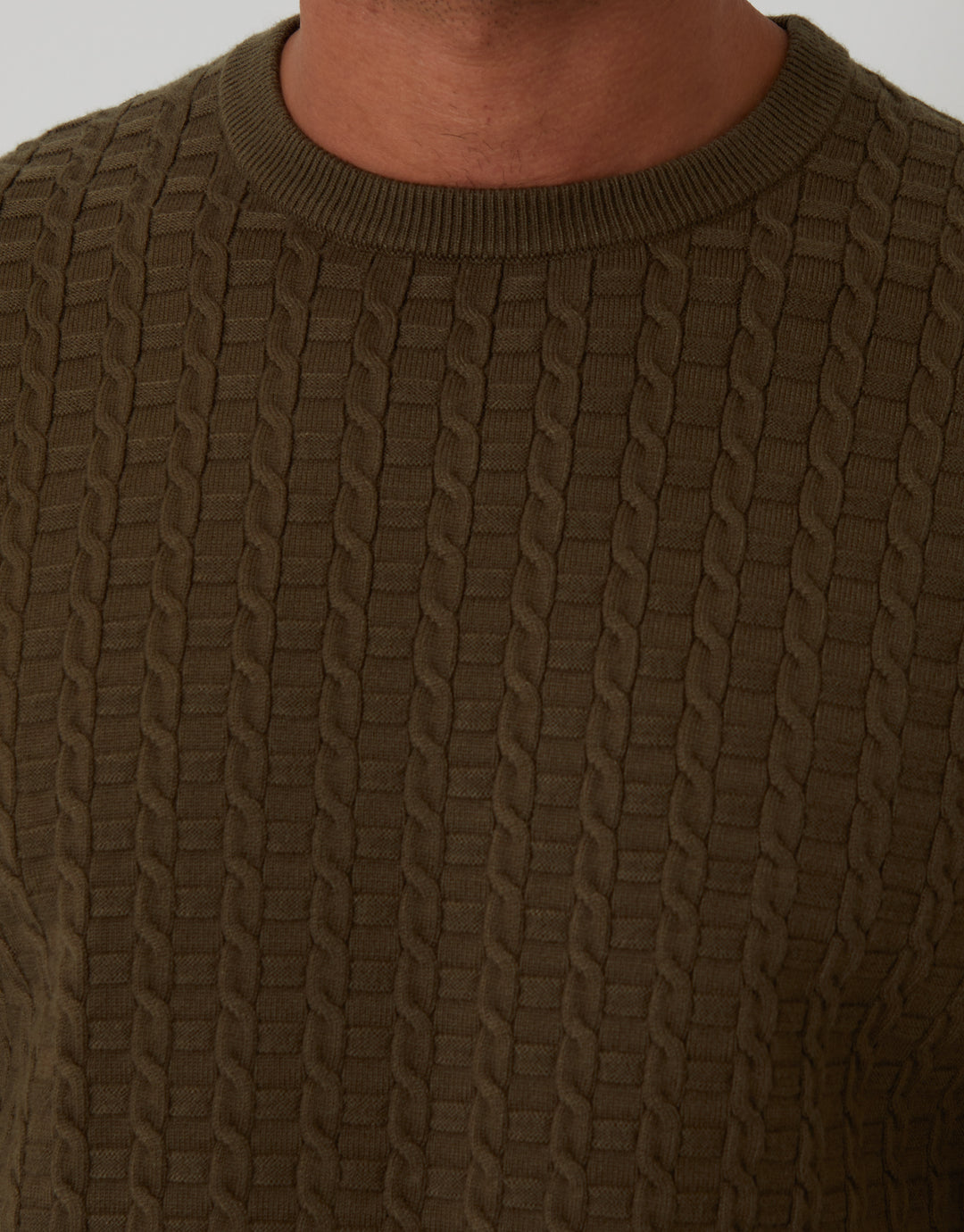 Khaki Green Cable Knit Crew Neck Jumper