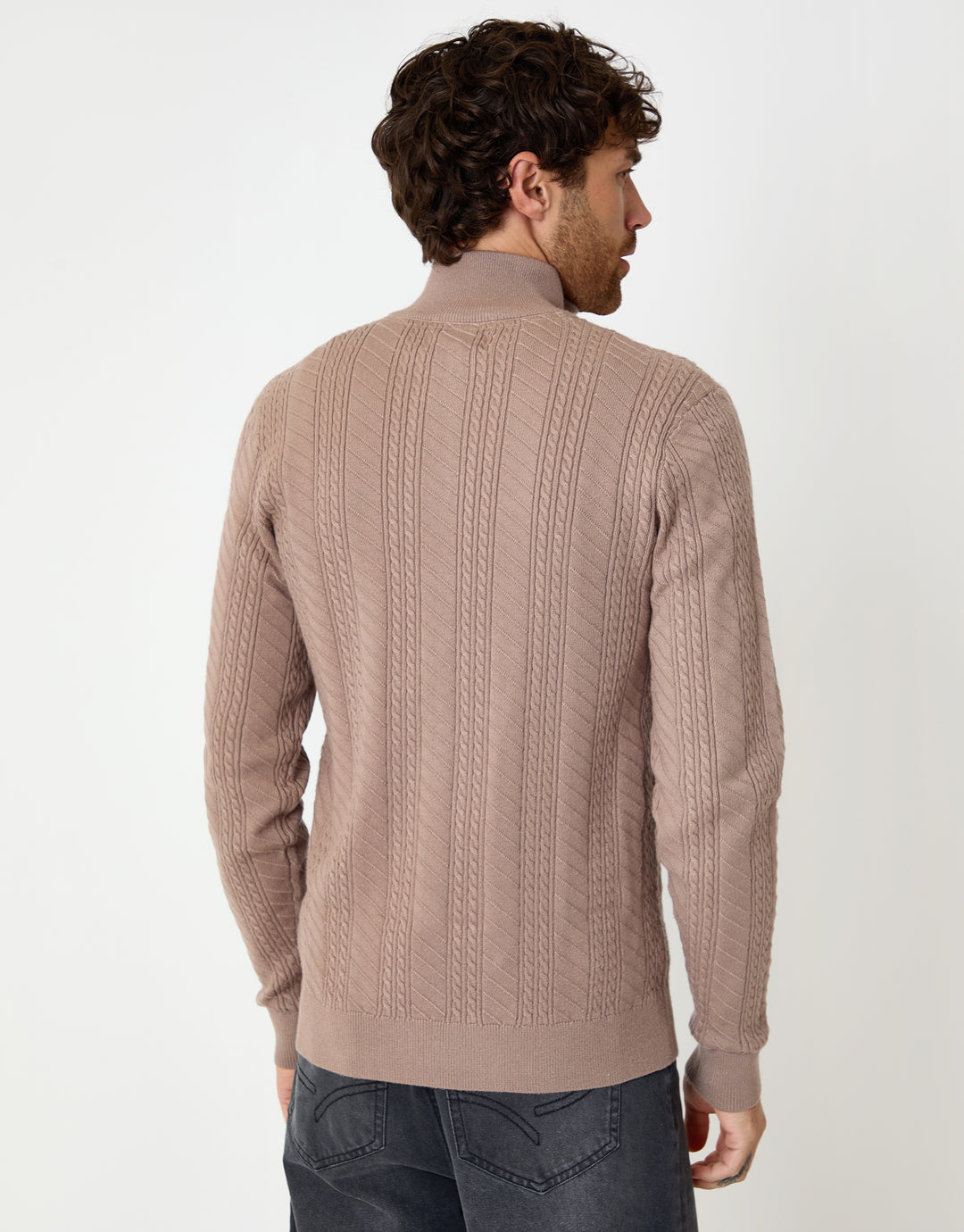 Taupe Cable Knit Quarter Zip Jumper