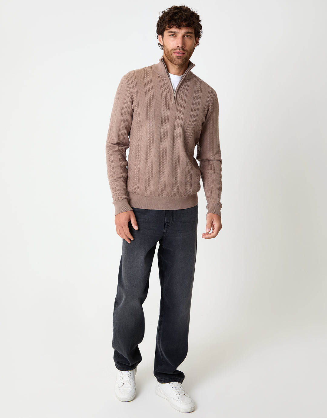 Taupe Cable Knit Quarter Zip Jumper
